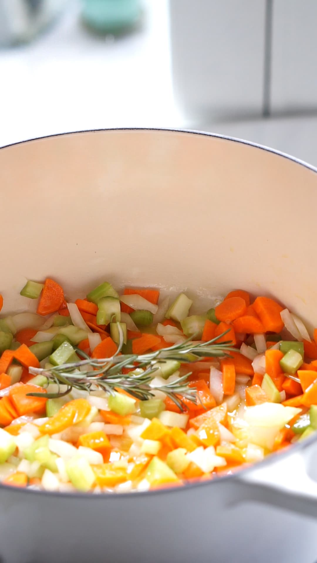 Italian beef stew process photo 1 - carrot, celery onion, in pot with rosemary