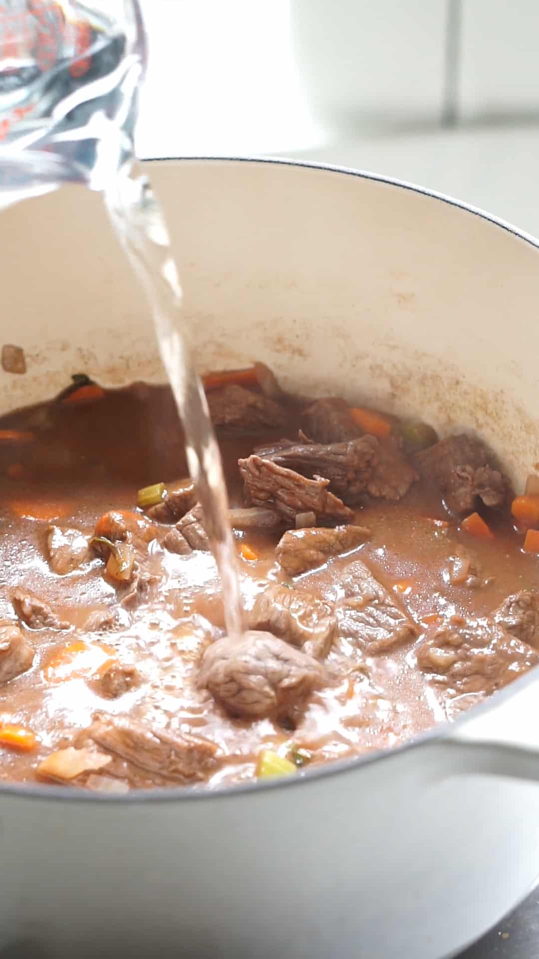 Italian beef stew process photo 4 - adding wine, passata and water to the pot