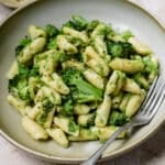 Cavatelli and broccoli in a plate with a fork to the side