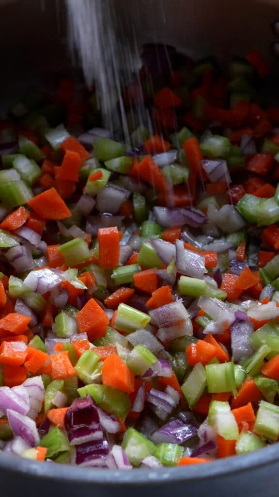 Chopped celery, carrot and onion in a pan