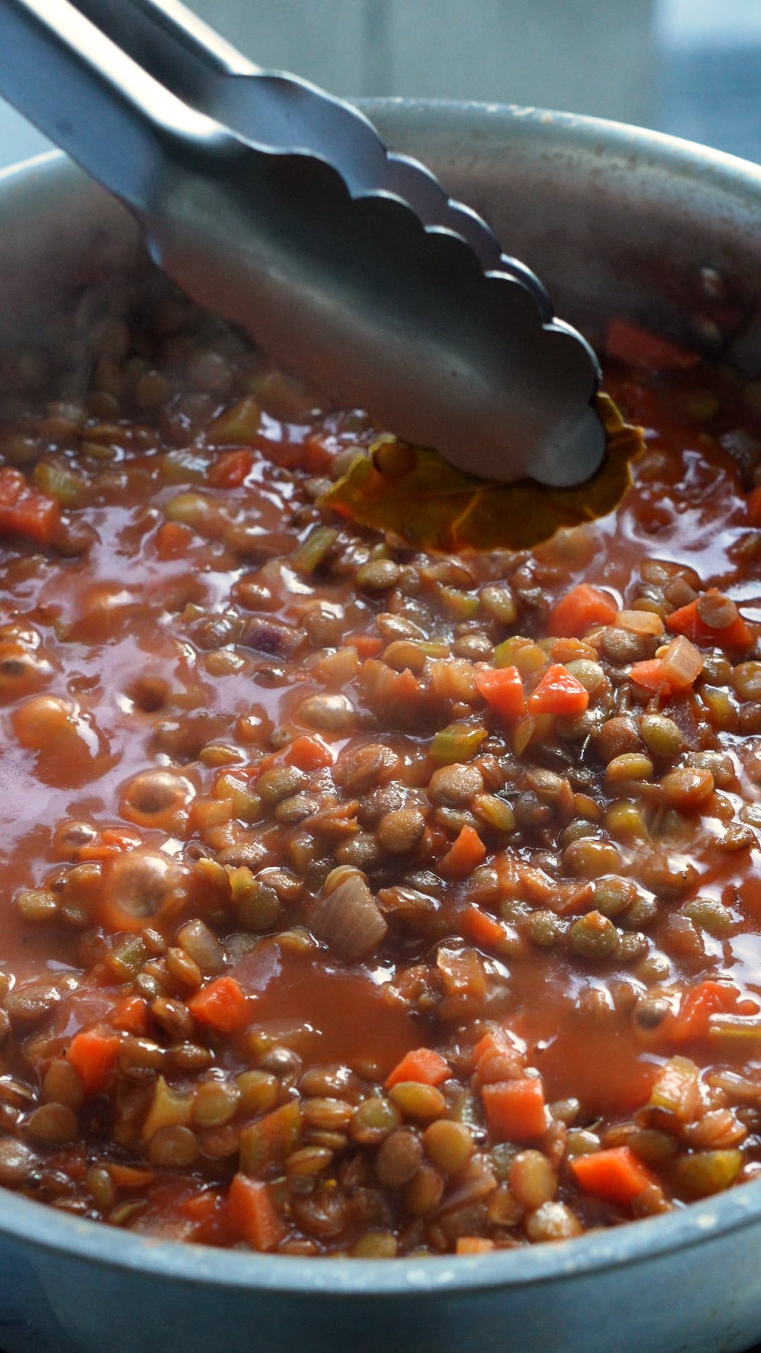 Cooked lentils in pan with bay leaf being removed with tongs