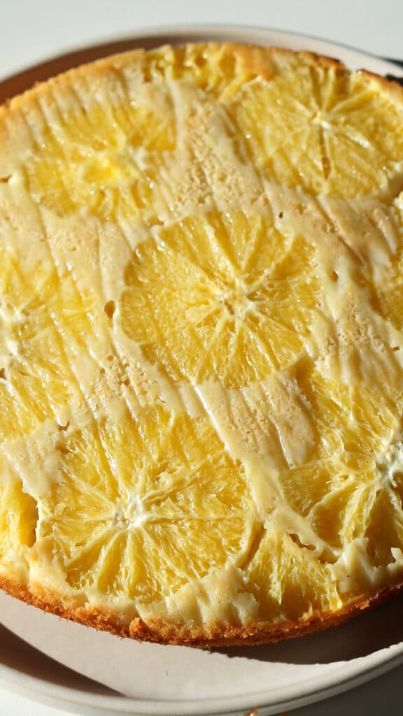 Finished orange upside down cake in a plate