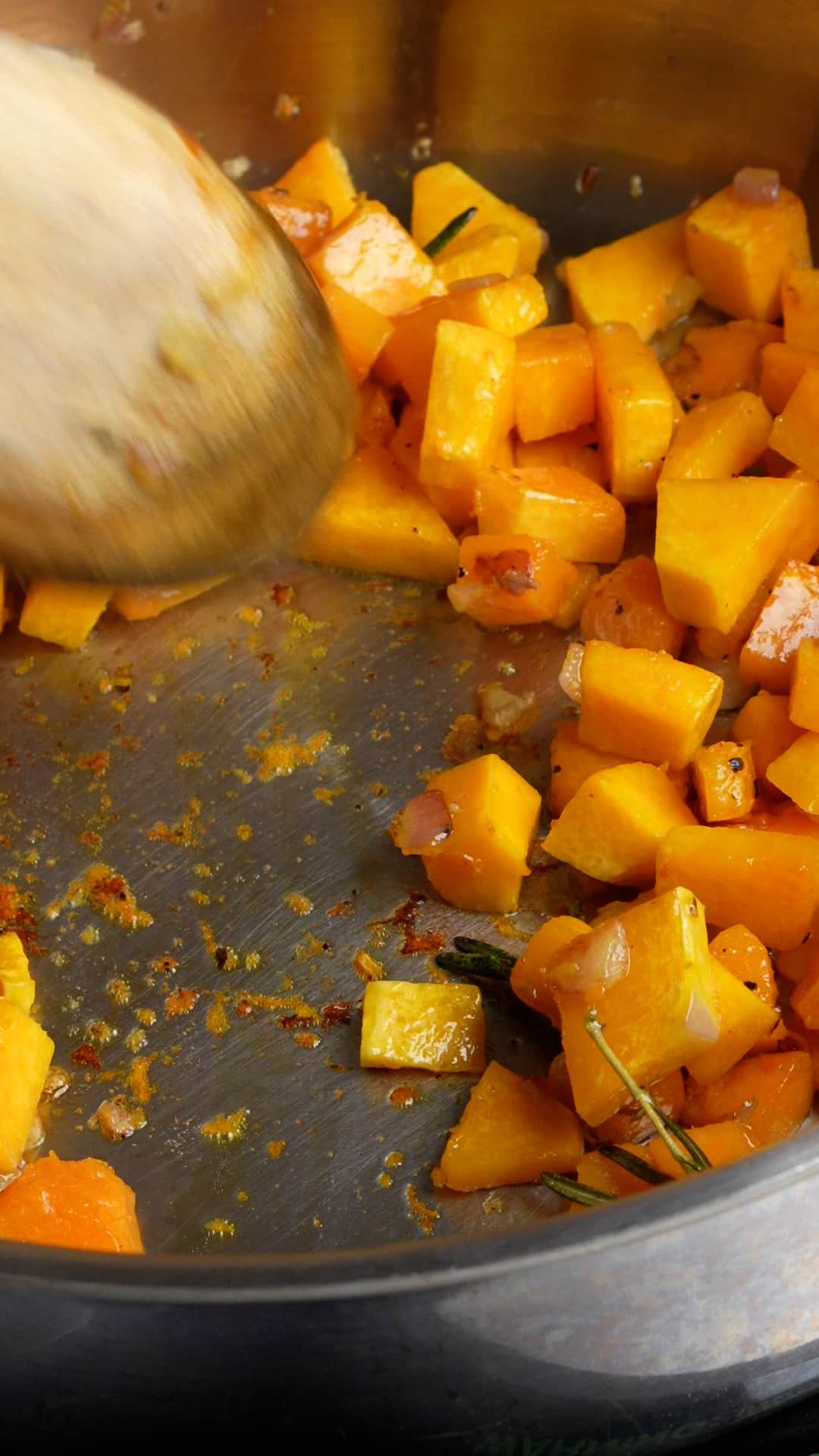 Step by step photos on how to make vegan barley soup - cook the butternut squash