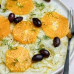 Italian fennel salad in a plate with oranges and black olives