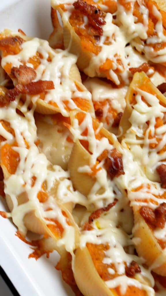 Step by step process on how to make butternut squash-stuffed shells (step 6 - bake the shells)