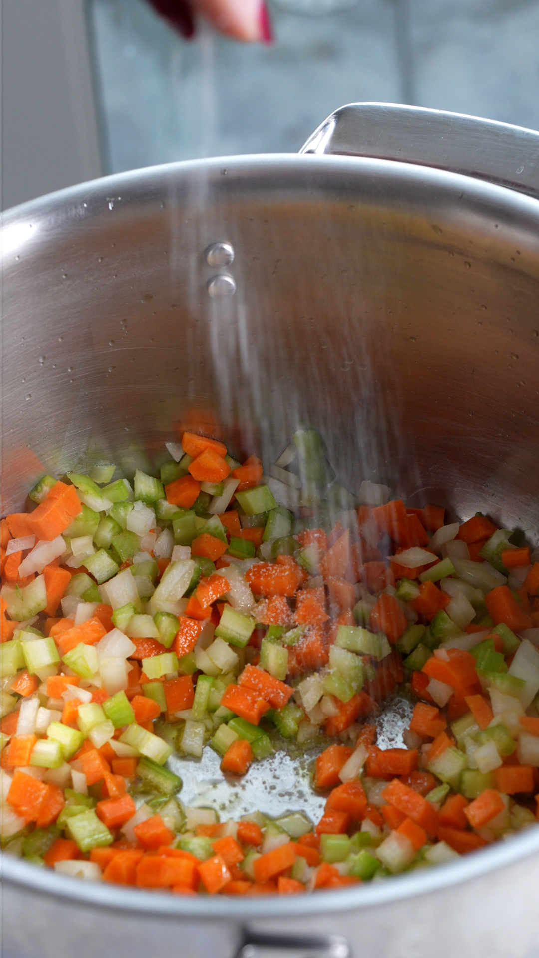 Chopped carrot, elery and onion in a pot being salted