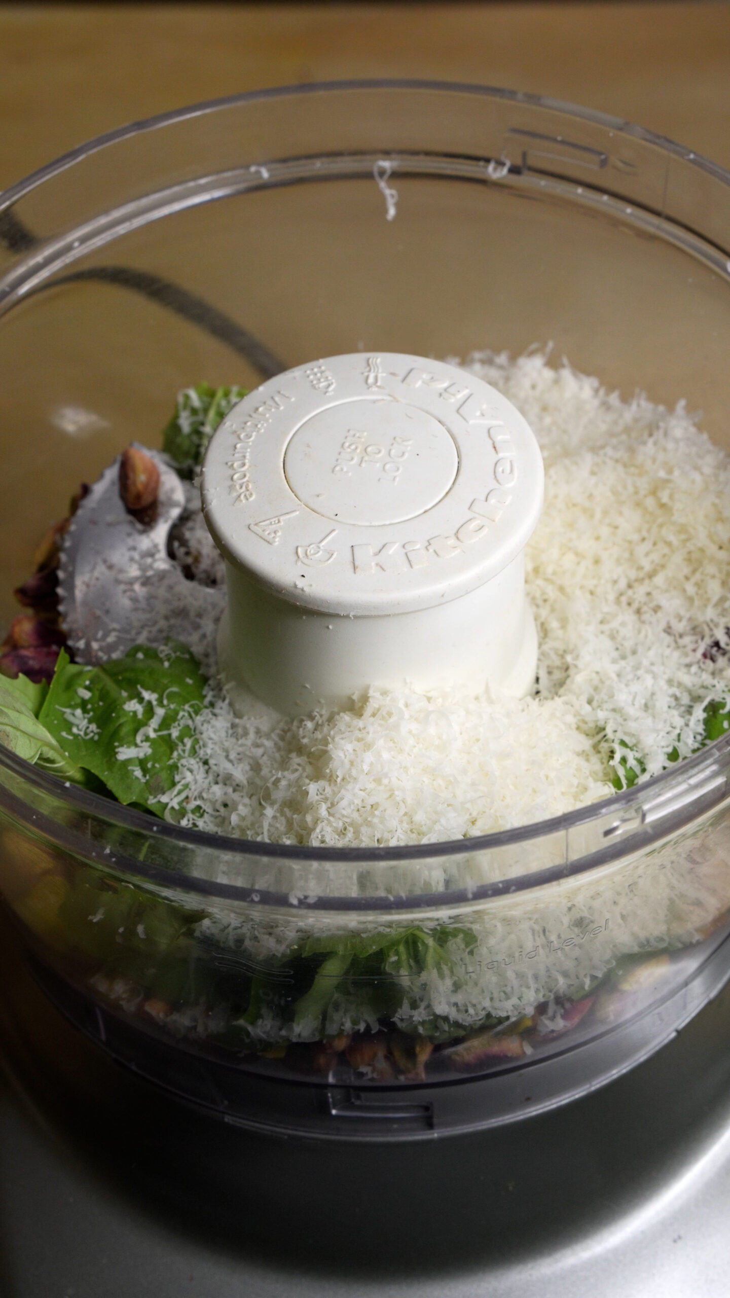 Pistachio pesto ingredients in food processor
