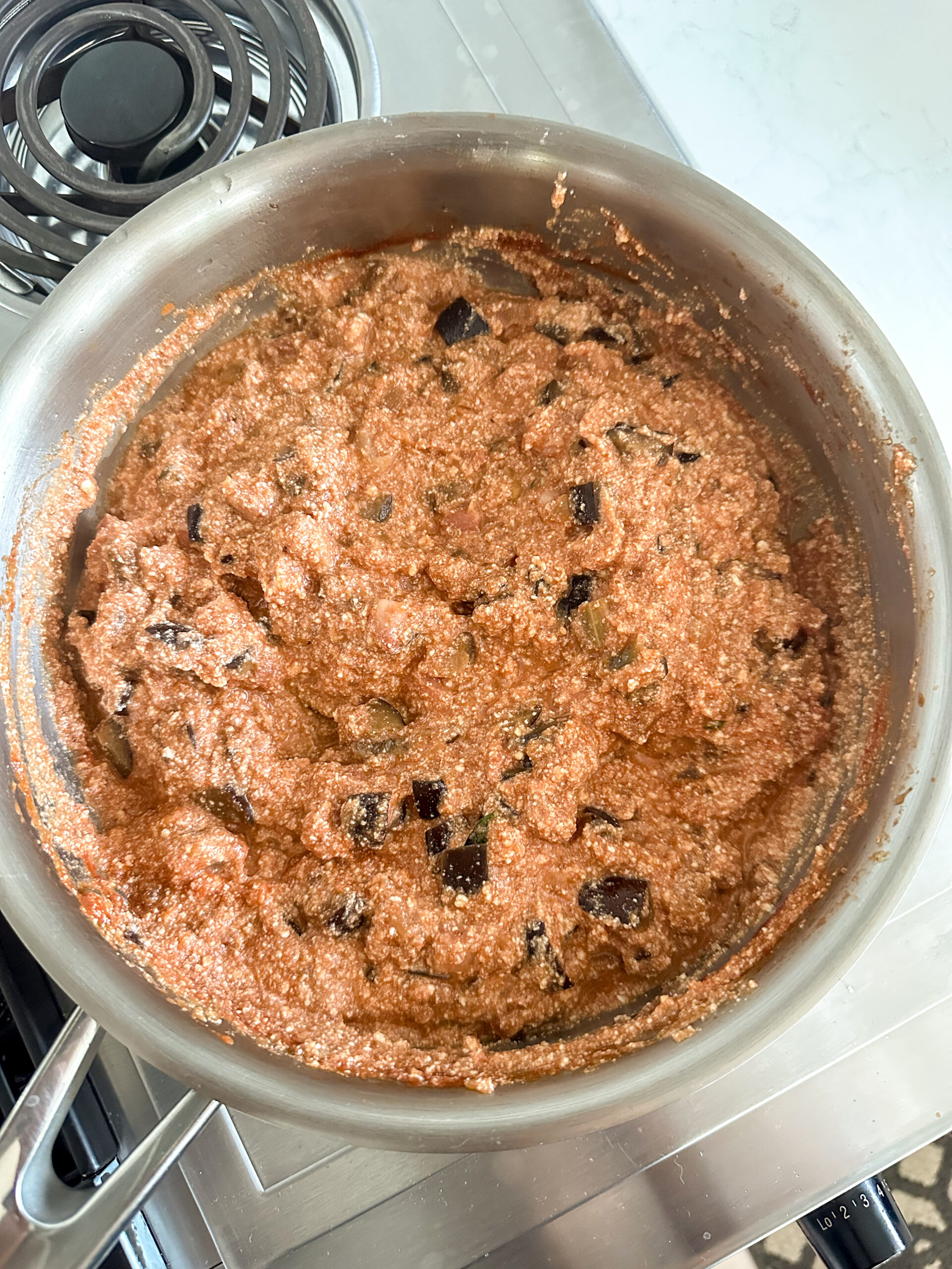 eggplant and ricotta pasta sauce in a pan