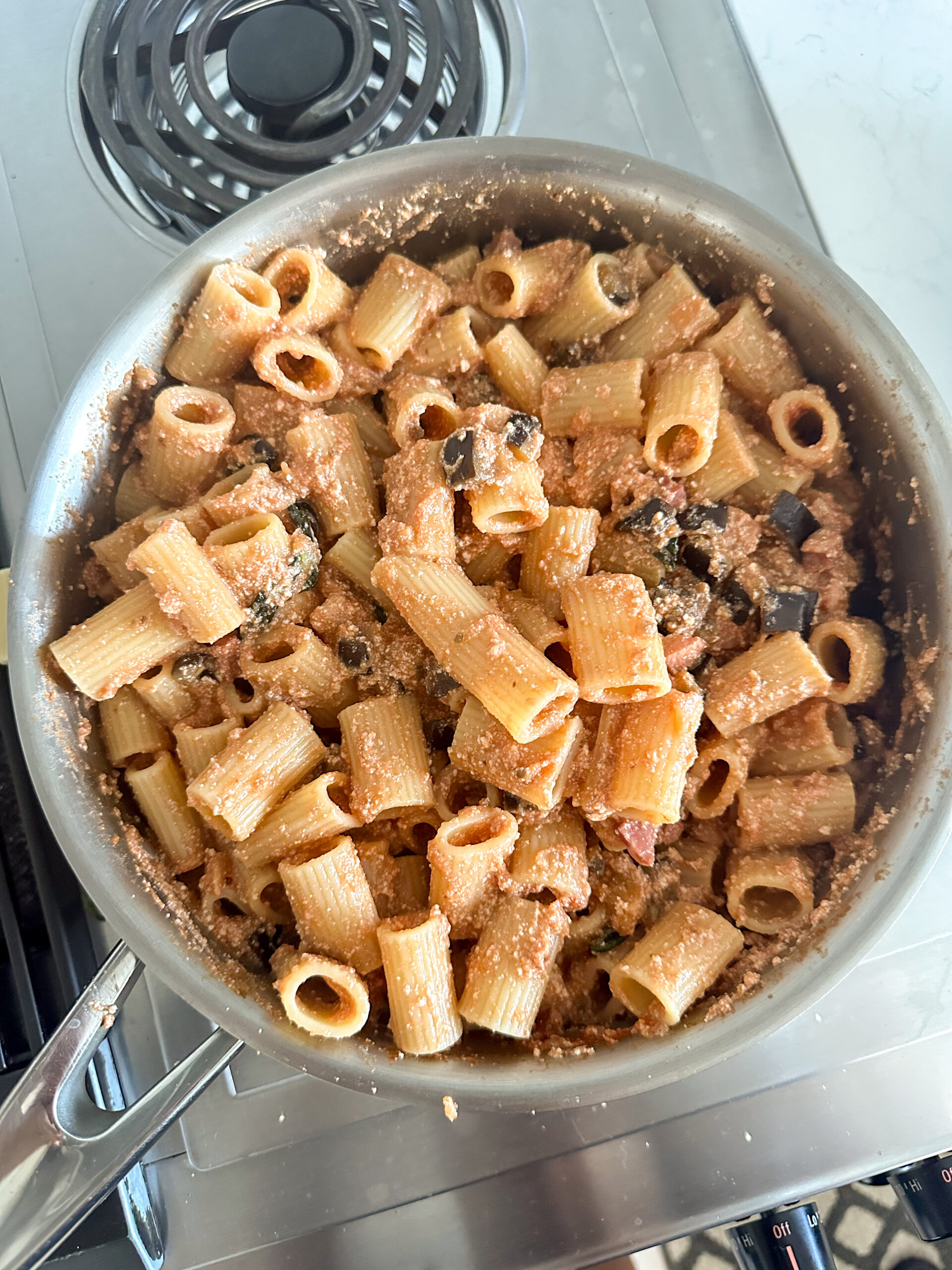 eggplant and ricotta pasta in a pan